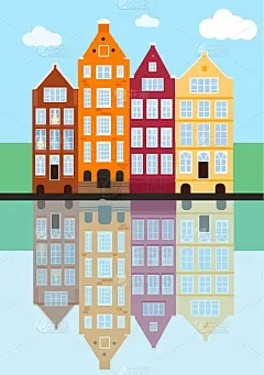 荷兰风格的阿姆斯特丹老房子。阿姆斯特丹的街道上有传统建筑、倒影、蓝天。平面风格的矢量插图
