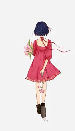 卡通手绘唯美少女背影插画图宝宝 https://bao16.com 背影 花朵 裙子 短发 卡通手绘 少女 插画
