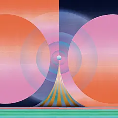 这可能包含：一幅抽象画，中间有圆圈和线条，背景是蓝色，上面有橙色和粉红色
