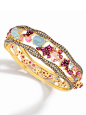 Brumani 18k Yellow Gold Mixed Gemstone Hinge Wave Bracelet. 18k Yellow Gold With Rubies(7.42cts) Aquamarine(8.10cts) Pink Tourmaline(3.66cts) And Pave Diamonds(4.16cts)