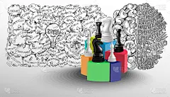 棋类游戏概念黑白配背景手绘脑和灯泡，创意，商业计划资料文字各种-创意现代创意和概念插画。