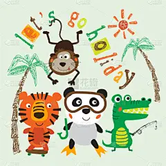 矢量插图的可爱动物包括虎猴熊猫熊鳄鱼。印刷和动物插画印刷设计理念的球衣织物。项目的矢量设计.