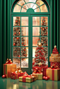 Christmas presents arranged in front of a red window, in the style of daz3d, gold and emerald, joong keun lee, retro visuals, , pictorial space, charles spencelayh