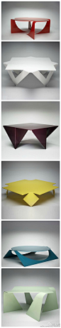 英国设计师Anthony Leyland的折叠桌子系列，虽然这是一个用钢板制成实际无法折叠的桌子，但是完全可以做成可折叠的，这为家具扁平化又提供了一个新的优秀参考。