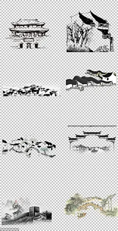 源文件-水彩 古典 古镇 建筑 城墙 小桥 小船 意境 PNG免扣设计素材