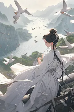 水墨飞鸟古装少女古风女生插画