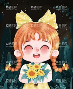 手捧太阳花蝴蝶节阳光小女孩头像  - 源文件下载【酷图网】手绘插画,人物,插画素材,花素材,小女孩,头像