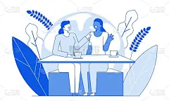 现代卡通平线人物人物女友谈心，谈话交流理念。勾勒出年轻人友好的情感对话，一起在咖啡馆度过快乐的时光