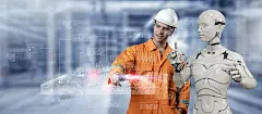 3D类人机器人和人类工作自动化在工厂未来的现代技术。未来数字技术AI人工智能在工业工厂生产线的概念。