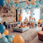 Children's birthday party in decorated room Generative AI