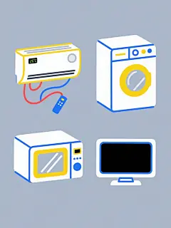 简约现代风格的纯色背景插画，画面中四个家电素材呈规整排布。每个家电均采用简洁的线条勾勒，主体为白色，边缘配以蓝色描边，局部细节用黄色点缀。左上角是挂壁式空调，白色机身，显示屏和圆形出风口边缘有黄色装饰，下方有红色和蓝色的冷气线条及一个显示26℃的蓝色遥控器；右上角是洗衣机，白色方体造型，正面有圆形透明视窗，边缘黄色，机身有蓝色线条装饰；左下角是微波炉，白色长方体，正面有带黄色边框的透明观察窗和蓝色控制面板；右下角是电视机，白色扁平机身，黑色屏幕，边框有蓝色线条，下方有简洁的底座。整体造型简约流畅，色彩明快