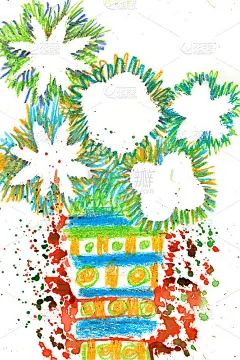 孩子们的画。花瓶里的一束花。蜡蜡笔水彩。色斑和中风。