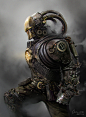 Steampunk Iron Man, Mateusz Oźmiński : Piece for most recent Brainstorm challenge. Tony Stark is a genius, so it was obvious for me that he needs proper brain cooling helmet. I liked the bulkiness of old diving suits and I wanted to merge that with rich s