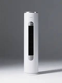 一张立式空调产品图，纯白色背景，空调主体为圆柱形设计，机身以白色为主色调，顶部和底部边缘有银色金属质感装饰条，正面中间为黑色长条状出风口，出风口上下两端有银色面板，整体呈现出简洁、现代、高端的家电产品设计风格，光线均匀柔和，突出空调的光滑表面质感和简约形态，无任何文字、LOGO、二维码及多余装饰元素。