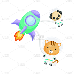 火箭,狗,可爱的,猫,宇航员,明信片,插画,唱片,请柬,图画书