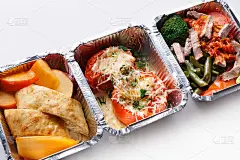 健康食品在盒子带走，俯视图在木材