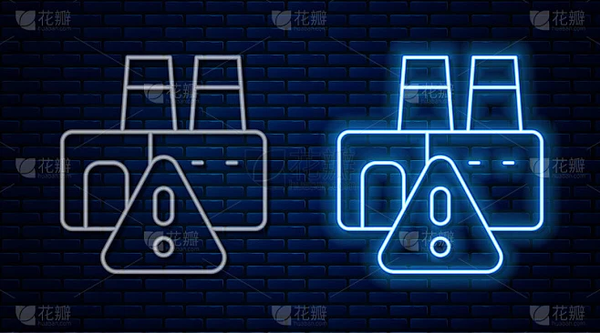 发光的霓虹灯线关闭工厂图标孤立在砖墙背景上。工业建筑。向量素材-花瓣网