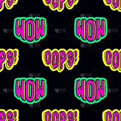 无缝模式与文本补丁“Wow”和“Oops”隔离在黑色背景。古怪的向量壁纸。现代模因文化背景。