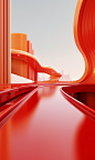 3d red highway through two red buildings with a car, in the style of opulent minimalism, rendered in cinema4d, light orange and light gold, sinuous lines, opaque resin panels, advertising-inspired, industrial and product design