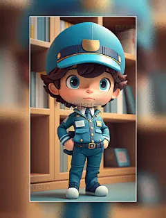 泡泡玛特风格3D立体可爱大眼图书馆安保员插画图片_潮国创意