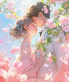 创意情人节爱情情侣恋爱唯美樱花树插画