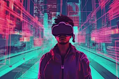 虚拟场景赛博朋克几何VR眼镜人物插画图片