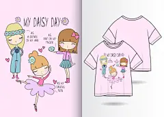 三个小女孩手绘可爱T恤印花插画图案矢量图设计素材