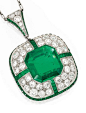 PLATINUM, EMERALD AND DIAMOND PENDANT-BROOCH AND CHAIN, MARCUS & CO. Centred by a square emerald-cut emerald weighing approximately 10.40 carats, framed by round diamonds weighing approximately 5.45 carats and 76 calibré-cut emeralds, suspended from a