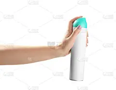 女性手与空气清新剂在白色背景