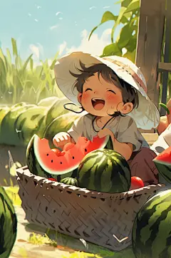 AI数字艺术夏季吃西瓜卡通插画-众图网