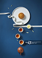 Flat lay conceptual mid-autumn festival food and drink still life.