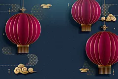 剪纸艺术风格的红灯笼蓝色背景中国风元素新年传统横幅海报矢量素材