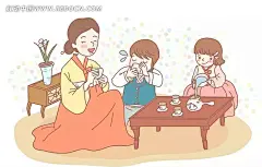 在喝茶的韩国人韩国人|喝茶|卡通|卡通人物|卡通人物图片|漫画|漫画人物|男孩|女孩|女人|人物素材|人物图片|矢量人物|矢量素材|手绘