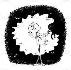 惊恐的人在黑暗中与幽灵和怪物手持蜡烛，矢量卡通棍图插图