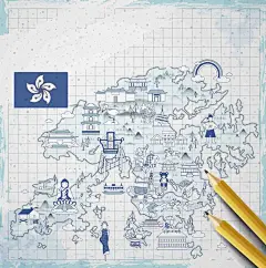 手绘矢量旅游香港景点蓝色线条地图海报背景_新图网 https://ixintu.com 手绘 矢量 旅游 香港 景点 紫荆花 中环 太平山 大佛 ** 蓝色 线条 铅笔 香港旅游 香港地图