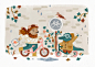 Gouache illustration of two animal characters going back to school on their bicycle in the fall.