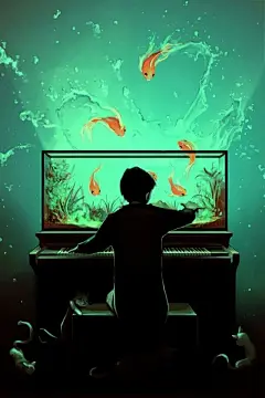 【插画】《Le Piano Aquarium》（钢琴水族箱），来自法国插画师Cyril Rolando。