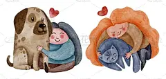 手绘水彩画可爱卡通童书插画女孩猫狗爱好者。用于海报，印刷，卡片，明信片，问候，兽医，儿童书籍，插图，