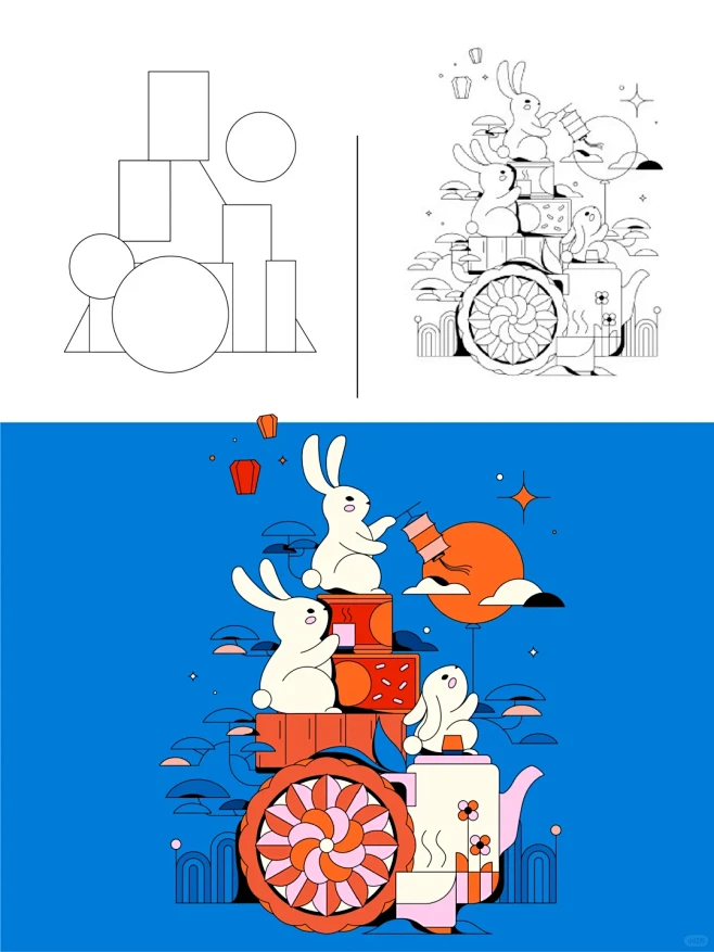 插画设计丨今年中秋跟着三小只去赏月
