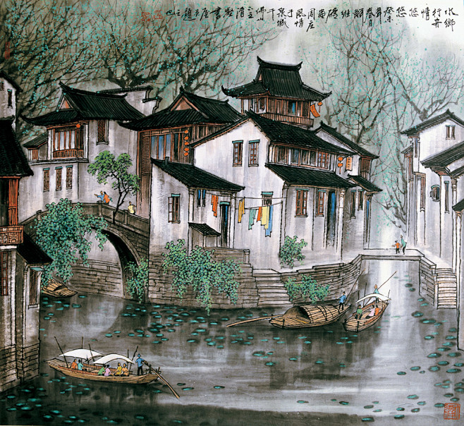 烟雨江南水墨画