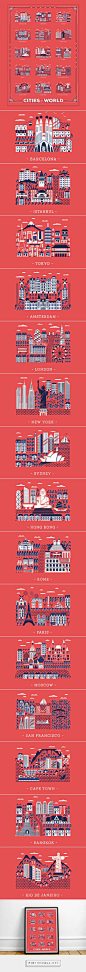 Daniele Simonelli was commisoned by the London based app Great Little Place to design a poster with 15 cities from around the world, focusing on their main buildings and landmarks. You can buy this poster on their store.: