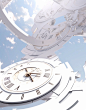 Abstract wallpaper time clock white space, in the style of detailed skies, symbolic props, arched doorways, anamorphic lens, high-angle, michael heizer, norman foster