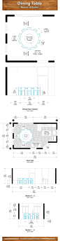 可容纳10人的圆形餐桌，配套餐厅与厨房的尺寸和布局图。设计参考图。单位英尺。