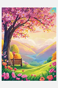 AI数字艺术春天风景卡通插画-众图网