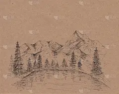 手绘水墨笔素描与高山,湖泊和松树.平静的老式自然景观概念在纸上.和平宁静的画。供卡片、横幅、印刷品用