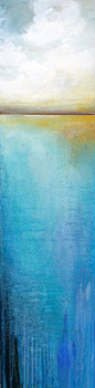 Still Blue by Karen Hale. This is an original abstract landscape on a gallery wrapped canvas. There are 10+ layers of acrylic paint, glazes, washes and chalk pastels. All these elements give the piece depth and interest. The edges are painted black and it