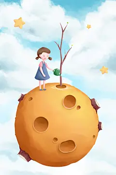小女孩在荒芜星球上给小树苗浇水植树节插画小女孩，浇水，植树节，种树，环保，绿色，保护环境，砍伐，树桩，沙漠化，绿化，星球，插画，插图，手绘，卡通，童真，蓝天，白云，社会性行为，有人物的，儿童节，国际节日，树木，树苗，绿叶，发芽，春天，i立春，春季