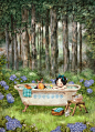 森林浴场，洗掉身心的疲累 ~ 来自韩国插画家Aeppol 的「森林女孩日记」系列插画。