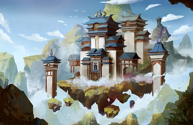 中国风场景气氛图古风山水建筑武侠仙侠CG原画游戏美术素材-花瓣网