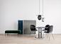   Beetle Dining Chair - Fully Upholstered  Black Chrome Base, GUBI Velvet 130 - PG3, GamFratesi.  TS Column Dining Table  Black Base, Nero Marquina Top, GamFratesi.  Satellite Pendant - Small  White Cloud, Mathieu Matégot.  Satellite Pendant - Large  Midn